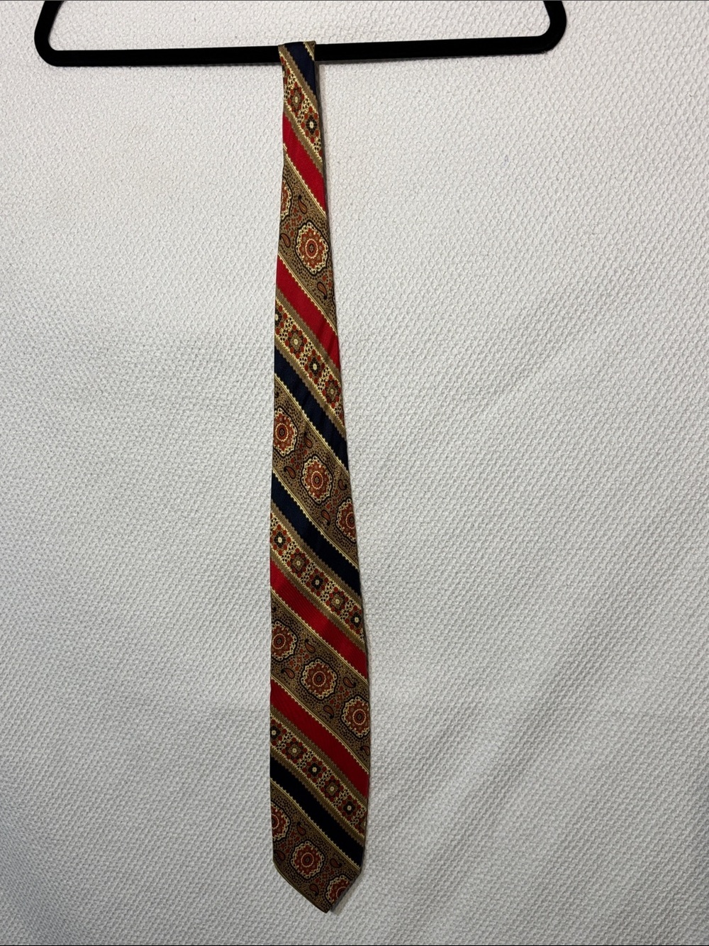 Yves Saint Laurent Red, Navy and Gold Diagonal Medallion Tie 100% Silk Vintage